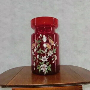 Ruby Red Cranberry Apothecary Canister Floral Butterflies Made In Italy Vintage‎